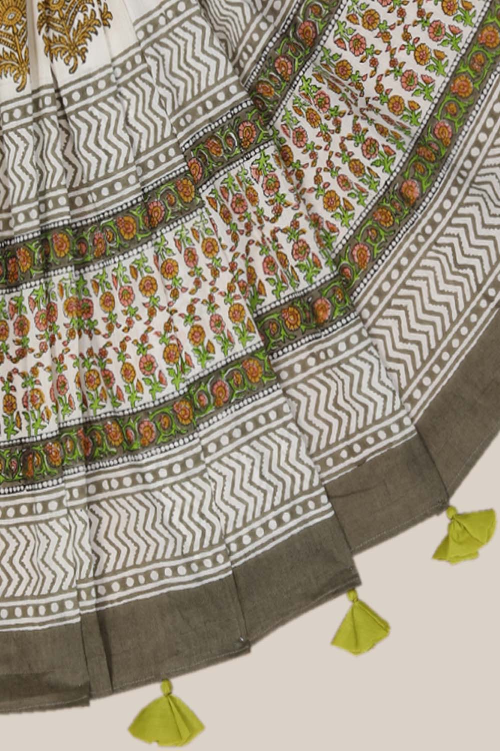 Image of Green Grey Sanganeri Hand Block Printed Saree