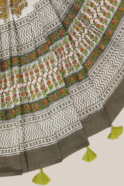 Image of Green grey Sanganeri hand block printed saree