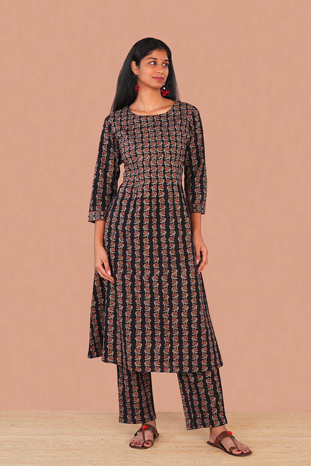 Image of Deep Black floral Ajrak Kurta set