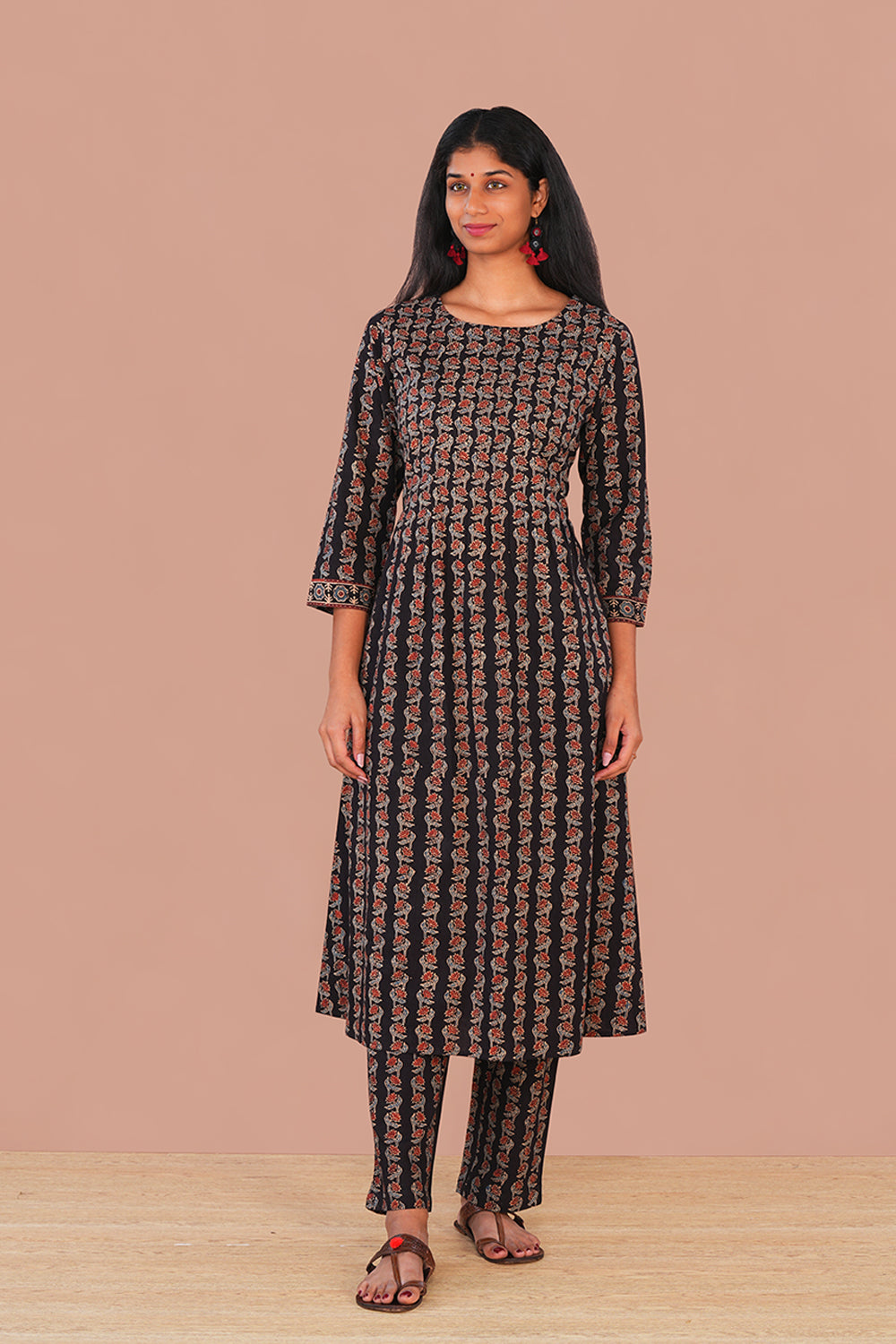 Image of Deep Black floral Ajrak Kurta set