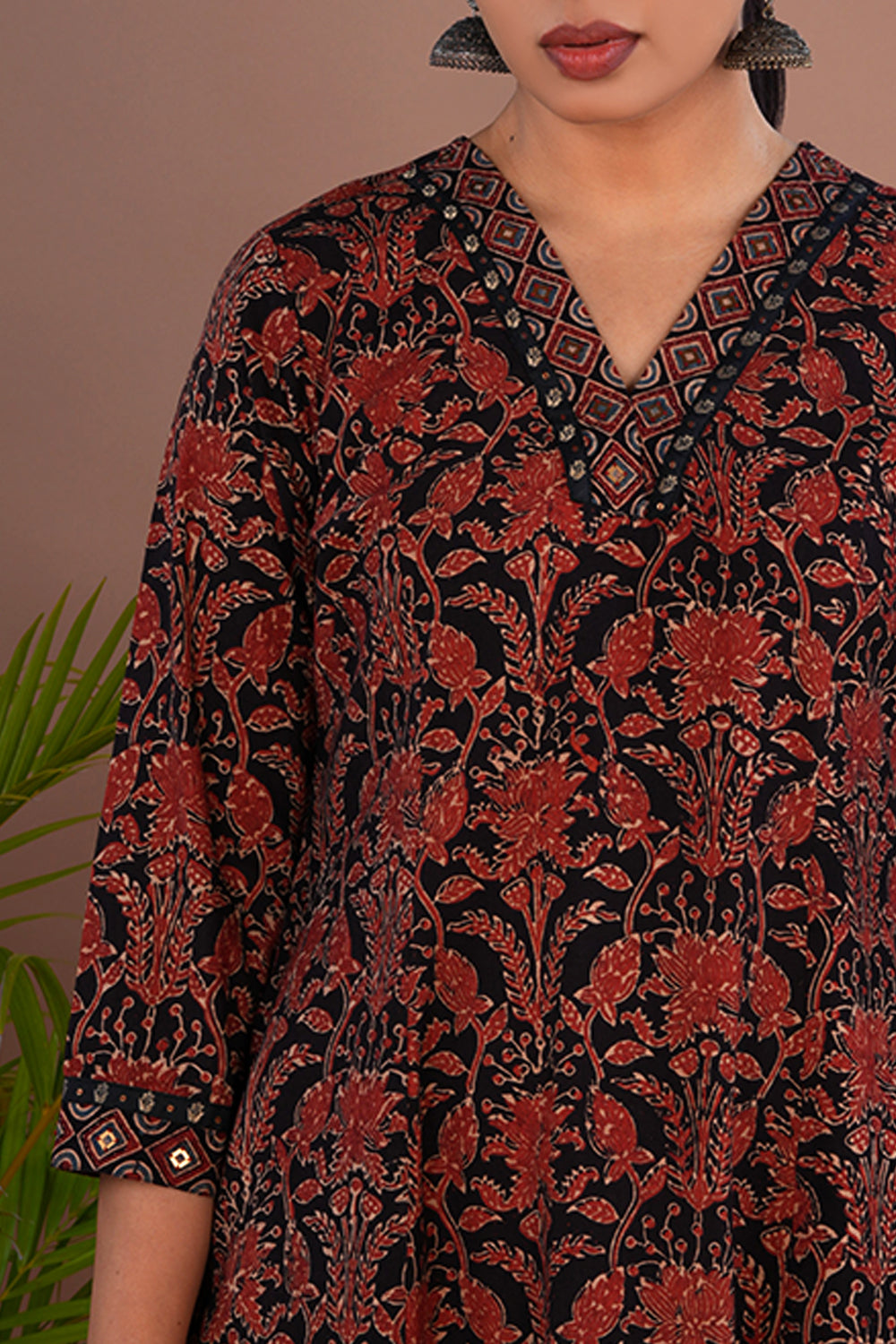 Bright maroon and black Ajrak printed Kurta & Dupatta set