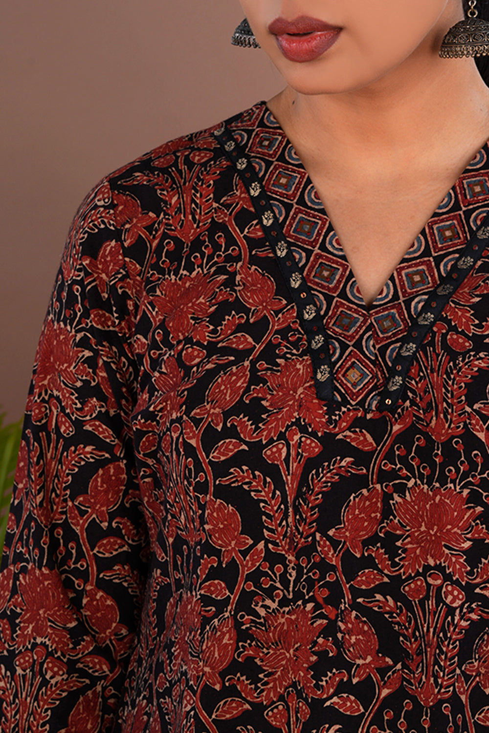 Image of Bright maroon and black Ajrak printed Kurta & Dupatta set