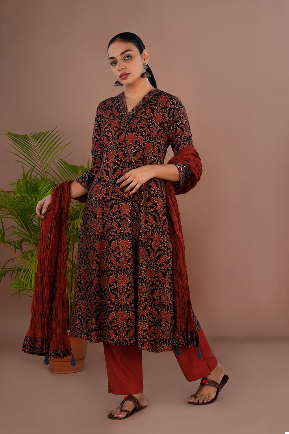 Image of Bright maroon and black Ajrak printed Kurta & Dupatta set