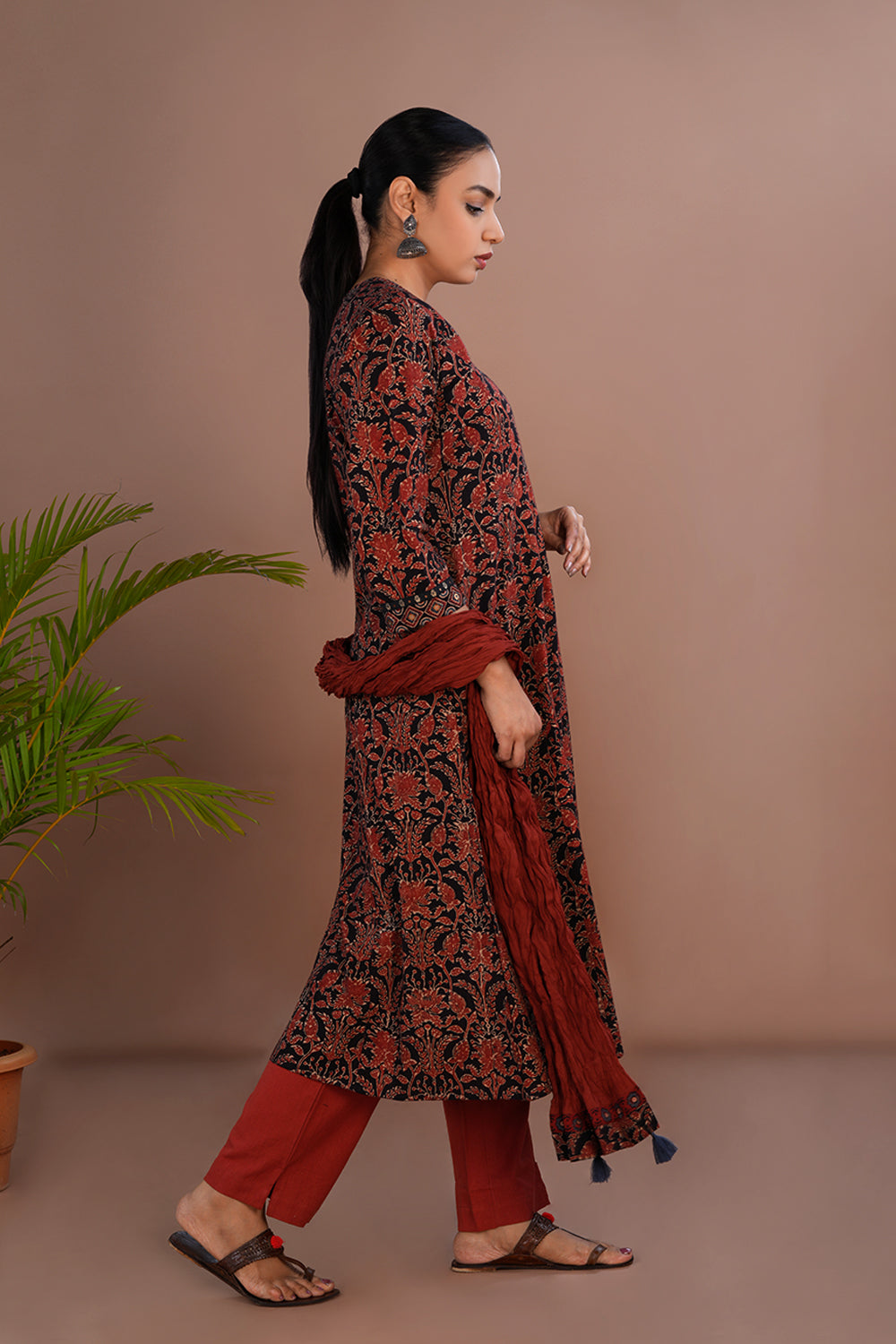 Image of Bright maroon and black Ajrak printed Kurta & Dupatta set