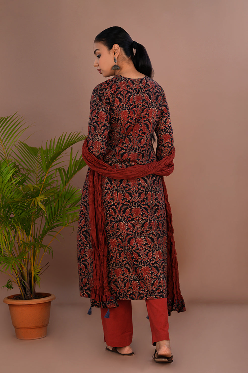 Image of Bright maroon and black Ajrak printed Kurta & Dupatta set