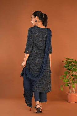 Image of Indigo Blue Ajrak handblock printed Kurta with dupatta set.