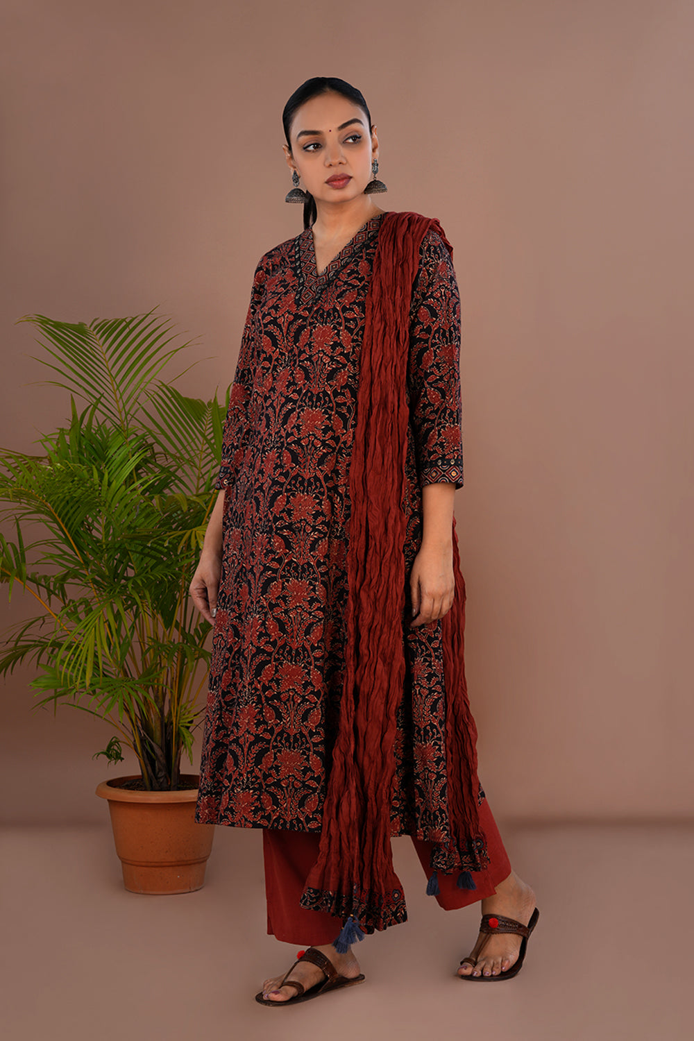 Image of Bright maroon and black Ajrak printed Kurta & Dupatta set