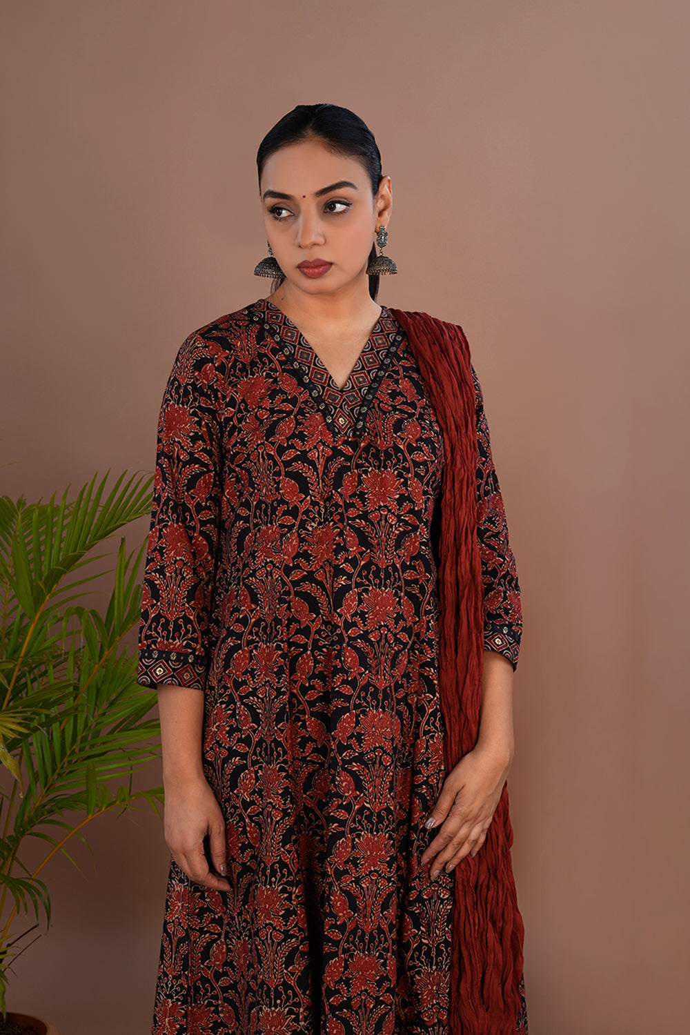 Image of Bright maroon and black Ajrak printed Kurta & Dupatta set