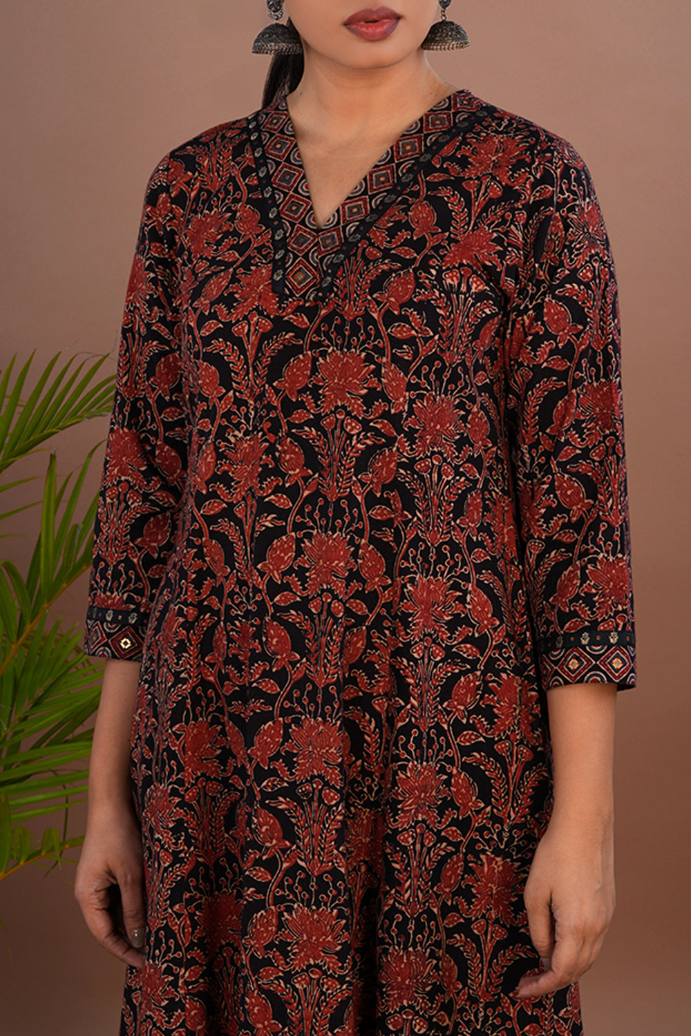 Bright maroon and black Ajrak printed Kurta & Dupatta set