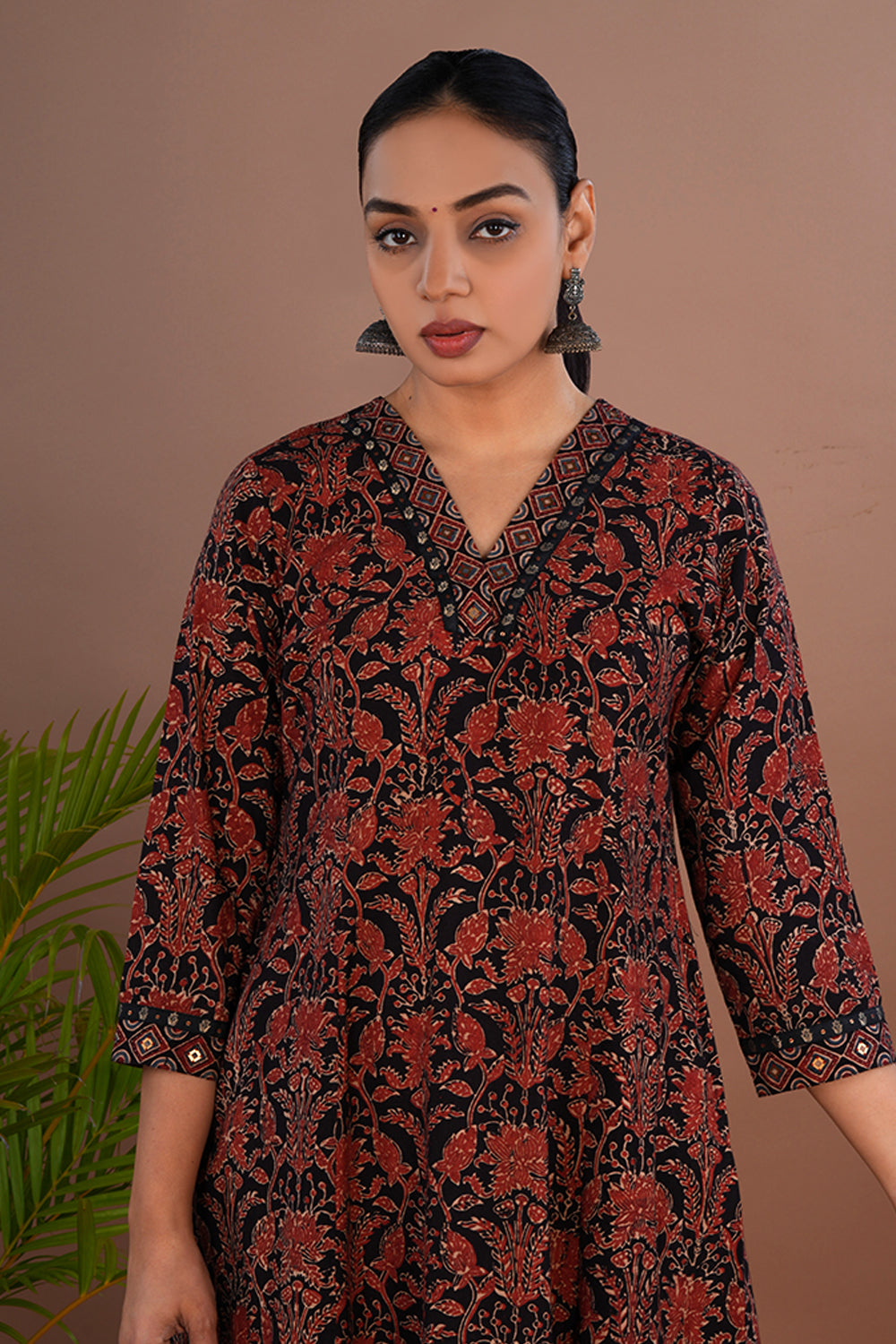 Image of Bright maroon and black Ajrak printed Kurta & Dupatta set