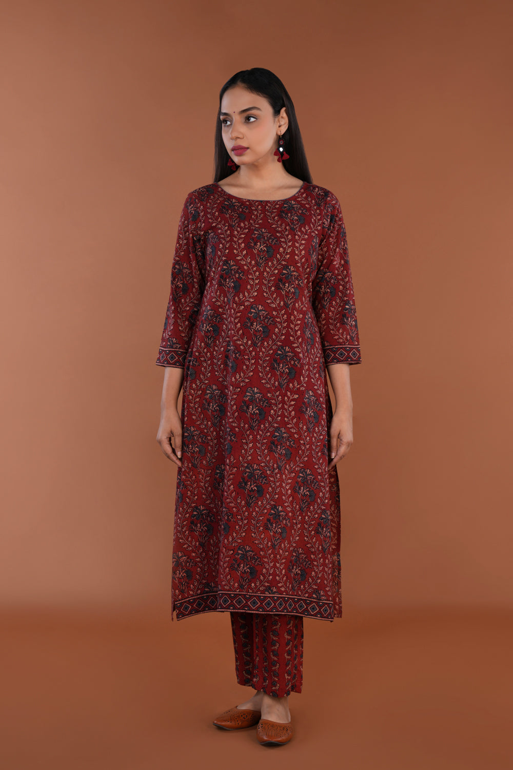 Image of Maroon Ajrak handblock printed Kurta set