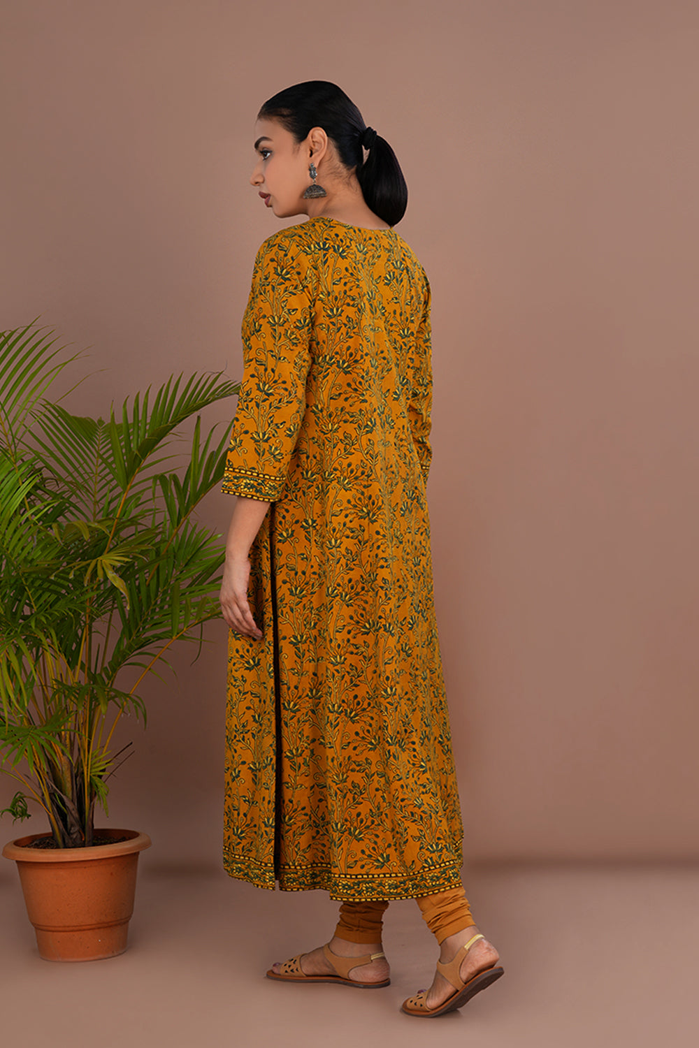 Image of Yellow floral Ajrak handblock printed long kurta