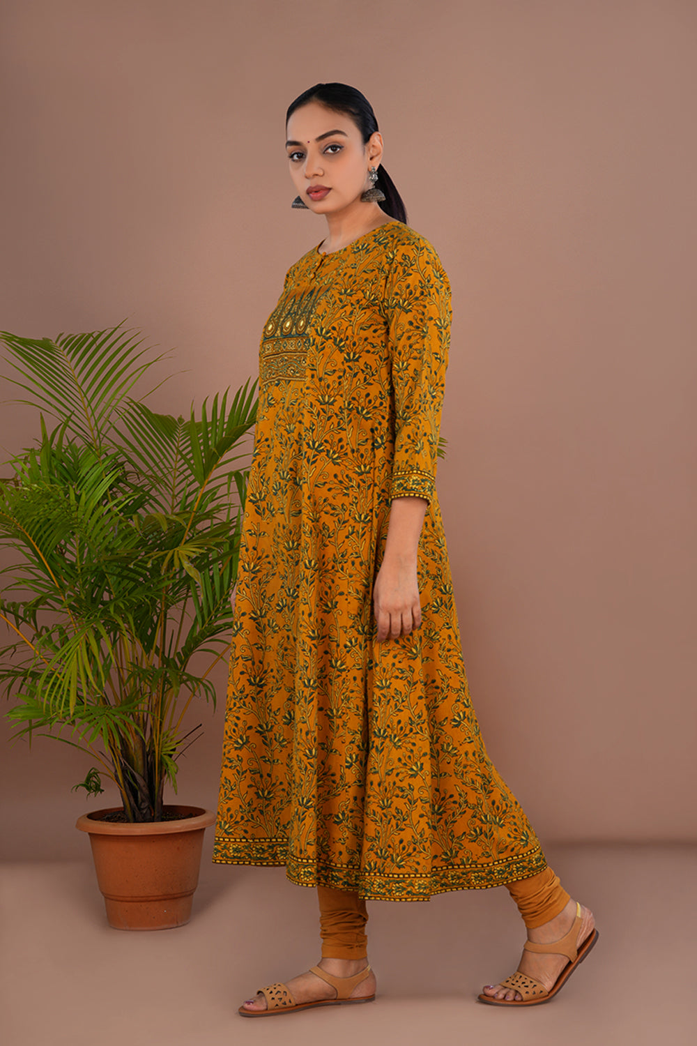 Image of Yellow floral Ajrak handblock printed long kurta