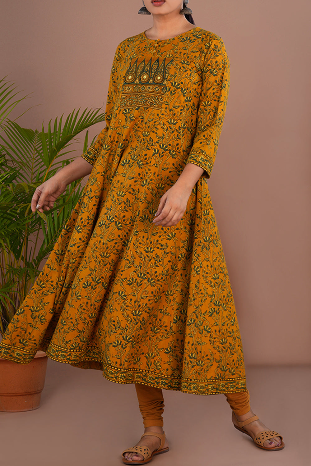Image of Yellow floral Ajrak handblock printed long kurta