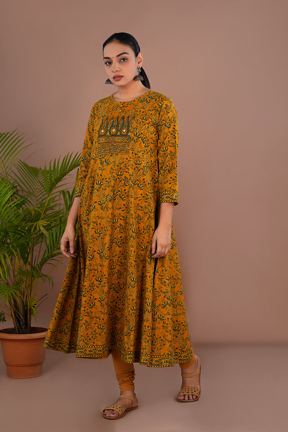 Image of Yellow floral Ajrak handblock printed long kurta