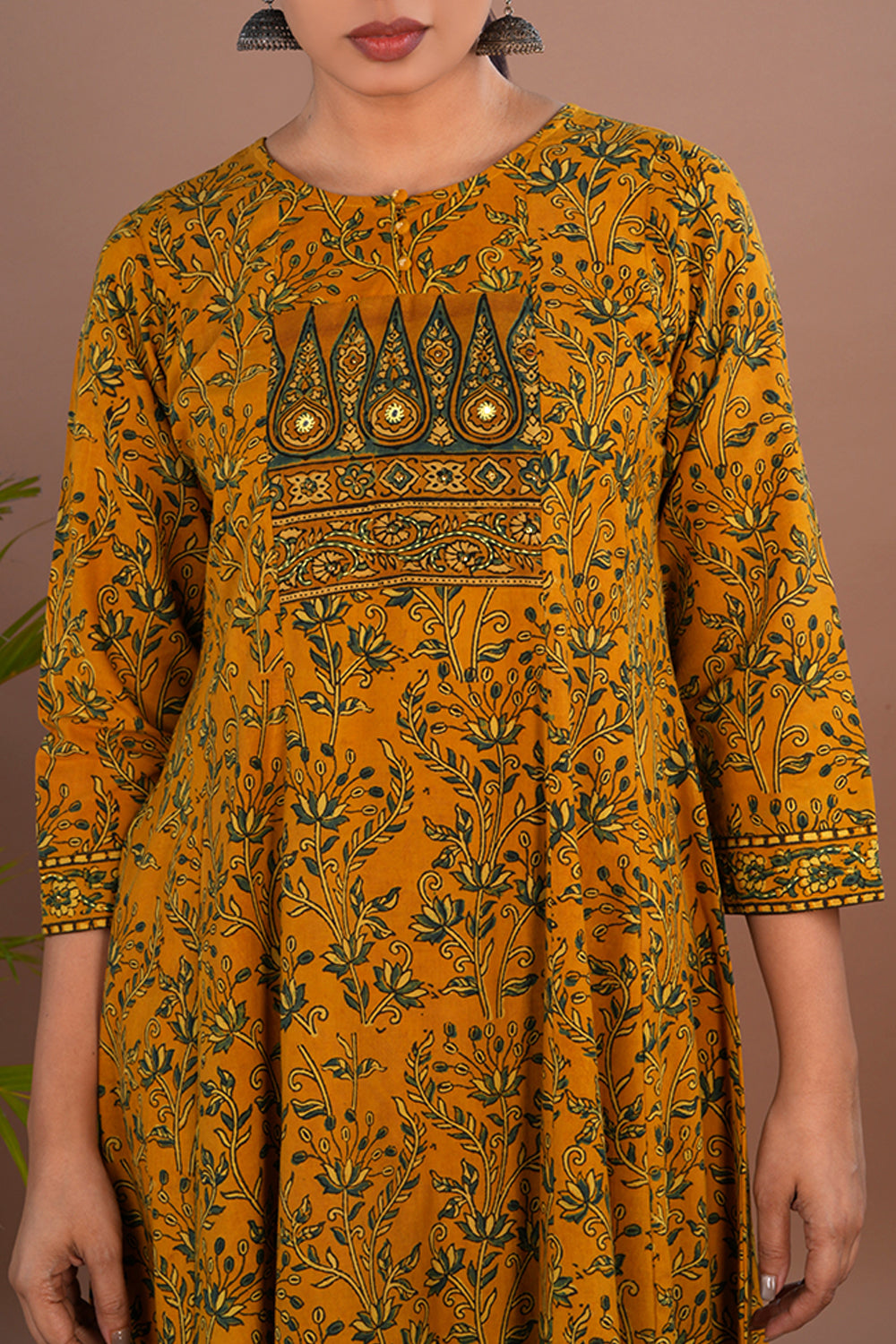 Image of Yellow floral Ajrak handblock printed long kurta