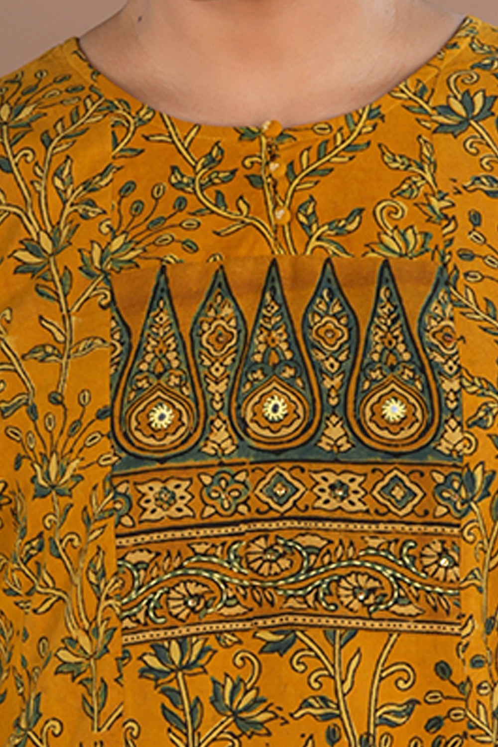 Image of Yellow floral Ajrak handblock printed long kurta