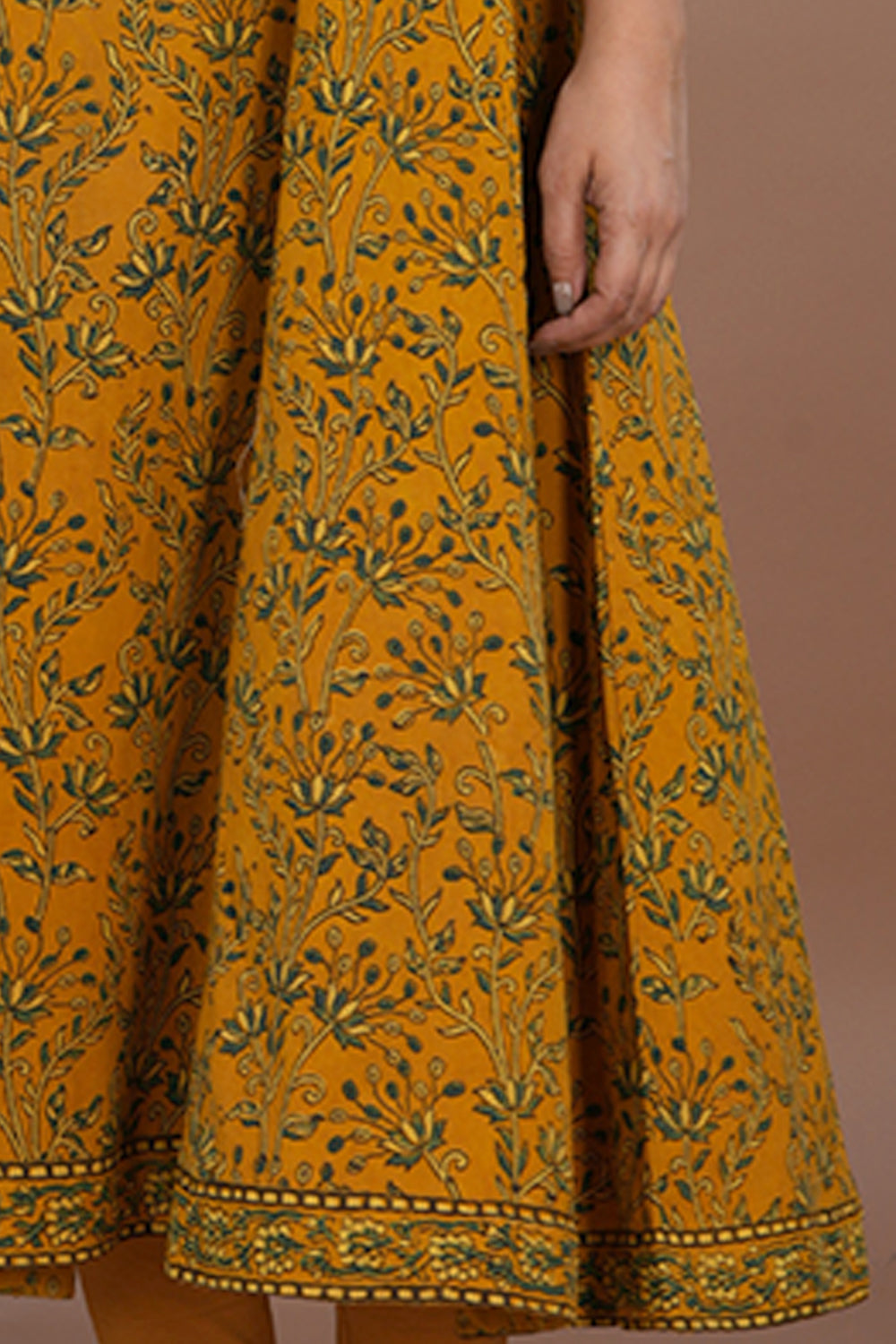 Image of Yellow floral Ajrak handblock printed long kurta