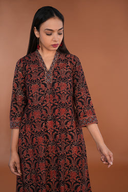 Image of Black Amber red Ajrak block printed Kurta