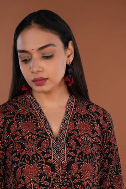 Image of Black Amber red Ajrak block printed Kurta