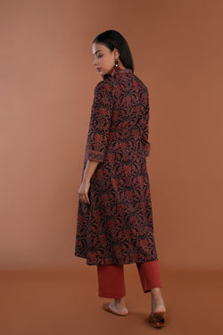 Image of Black Amber red Ajrak block printed Kurta