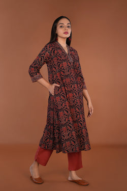 Image of Black Amber red Ajrak block printed Kurta
