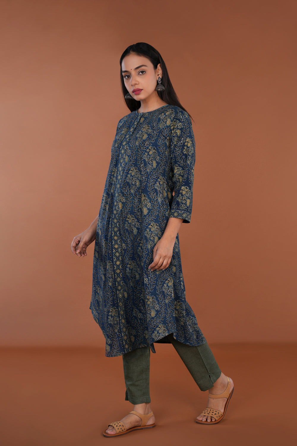 Image of Indigo blue floral Ajrak handblock printed Kurta