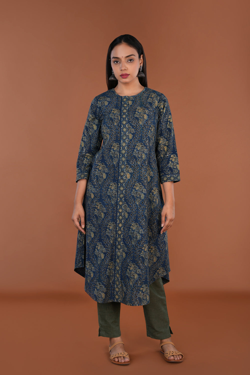 Image of Indigo blue floral Ajrak handblock printed Kurta