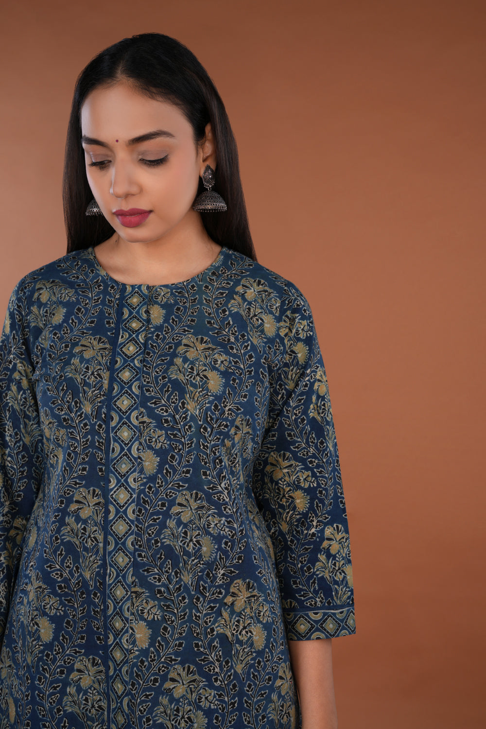Image of Indigo blue floral Ajrak handblock printed Kurta