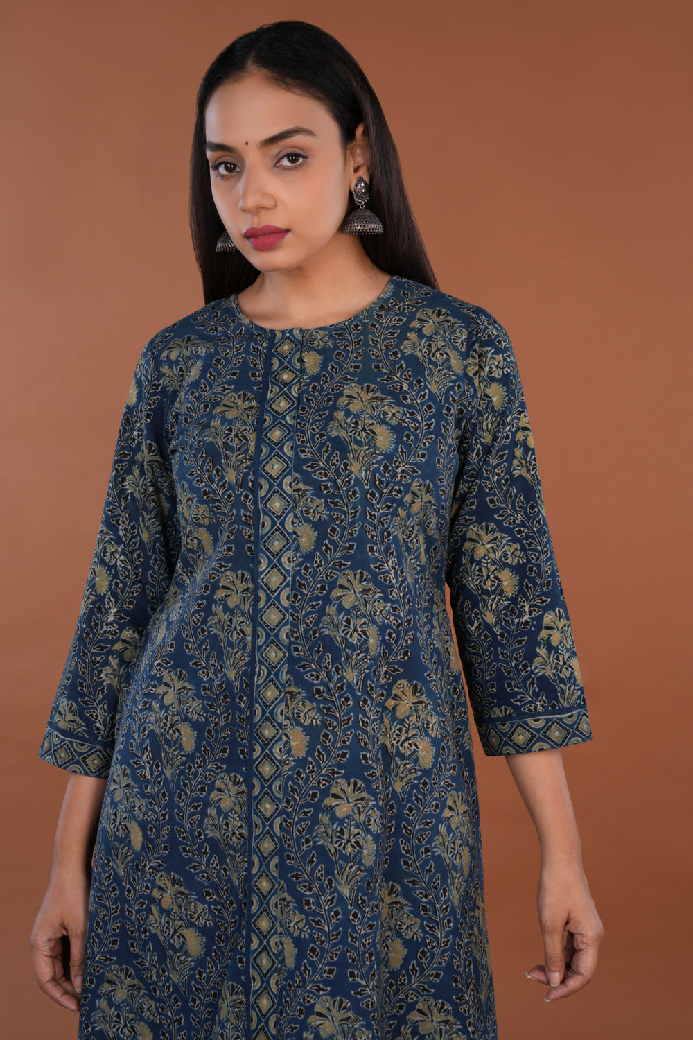 Image of Indigo blue floral Ajrak handblock printed Kurta