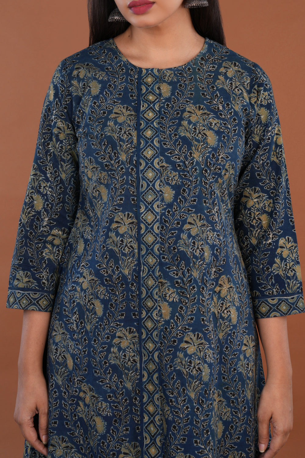 Image of Indigo blue floral Ajrak handblock printed Kurta