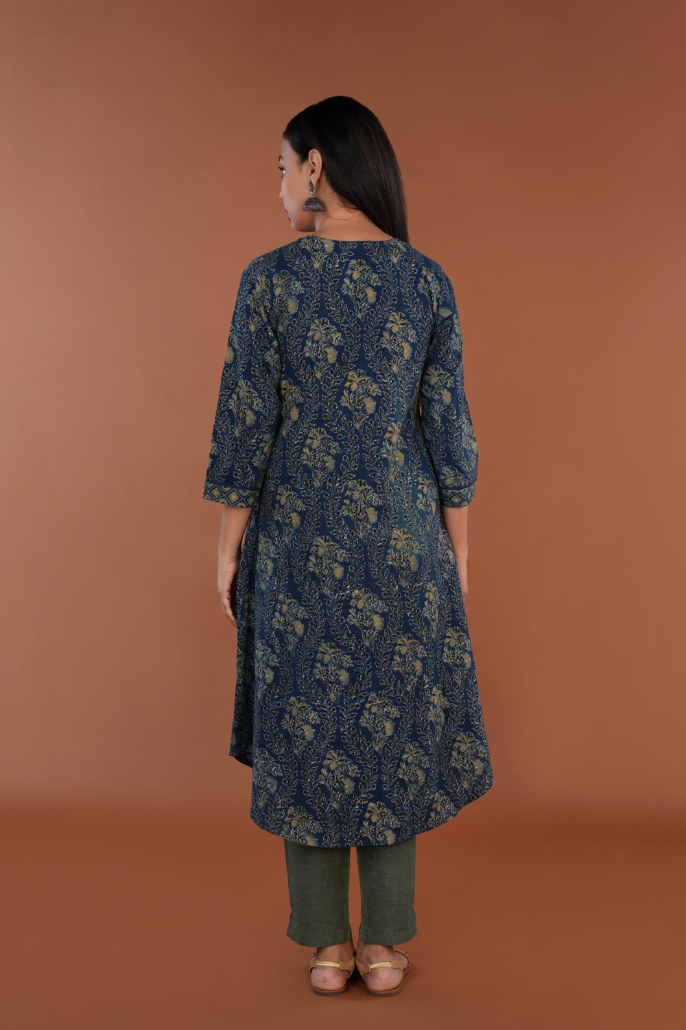 Image of Indigo blue floral Ajrak handblock printed Kurta