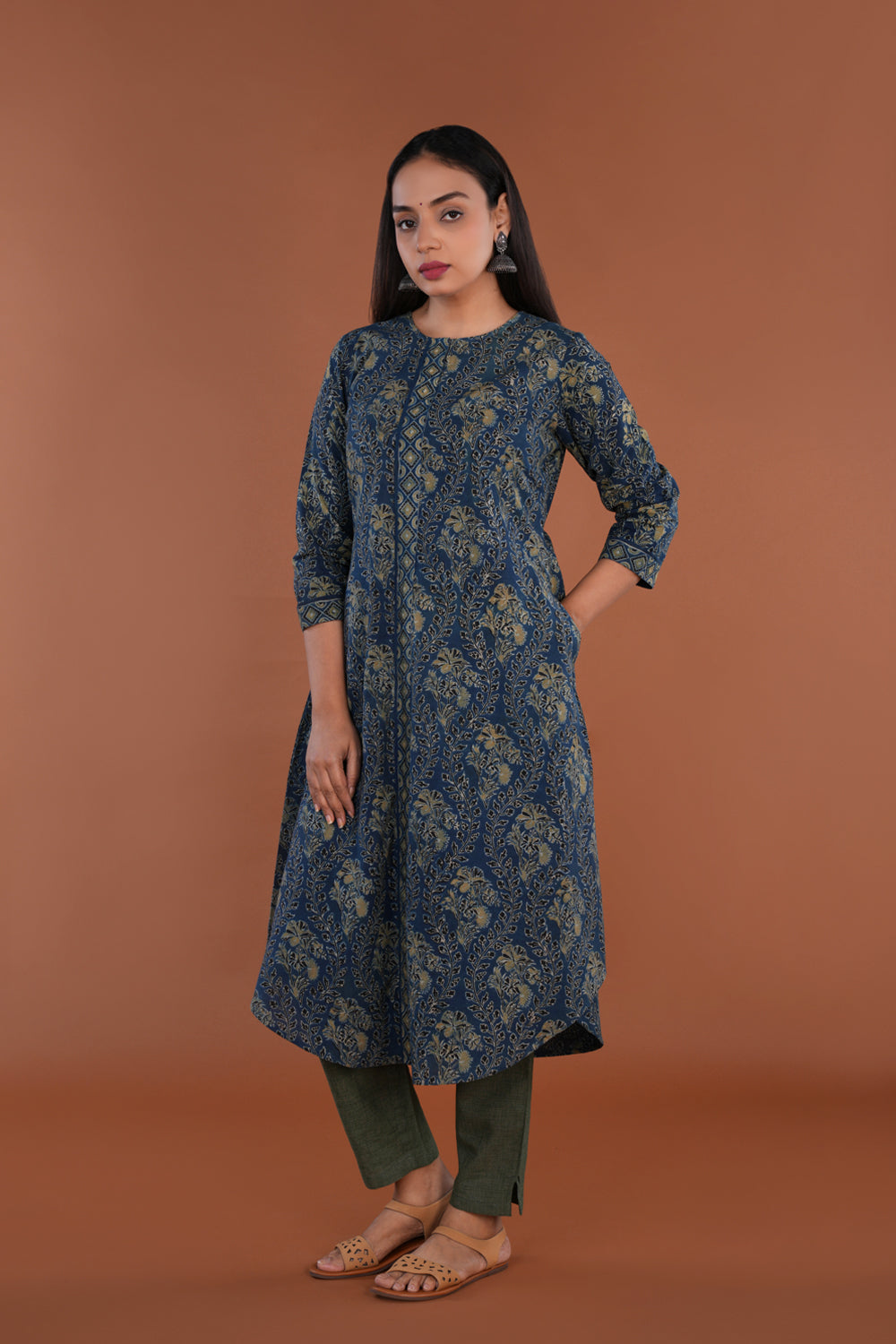 Image of Indigo blue floral Ajrak handblock printed Kurta