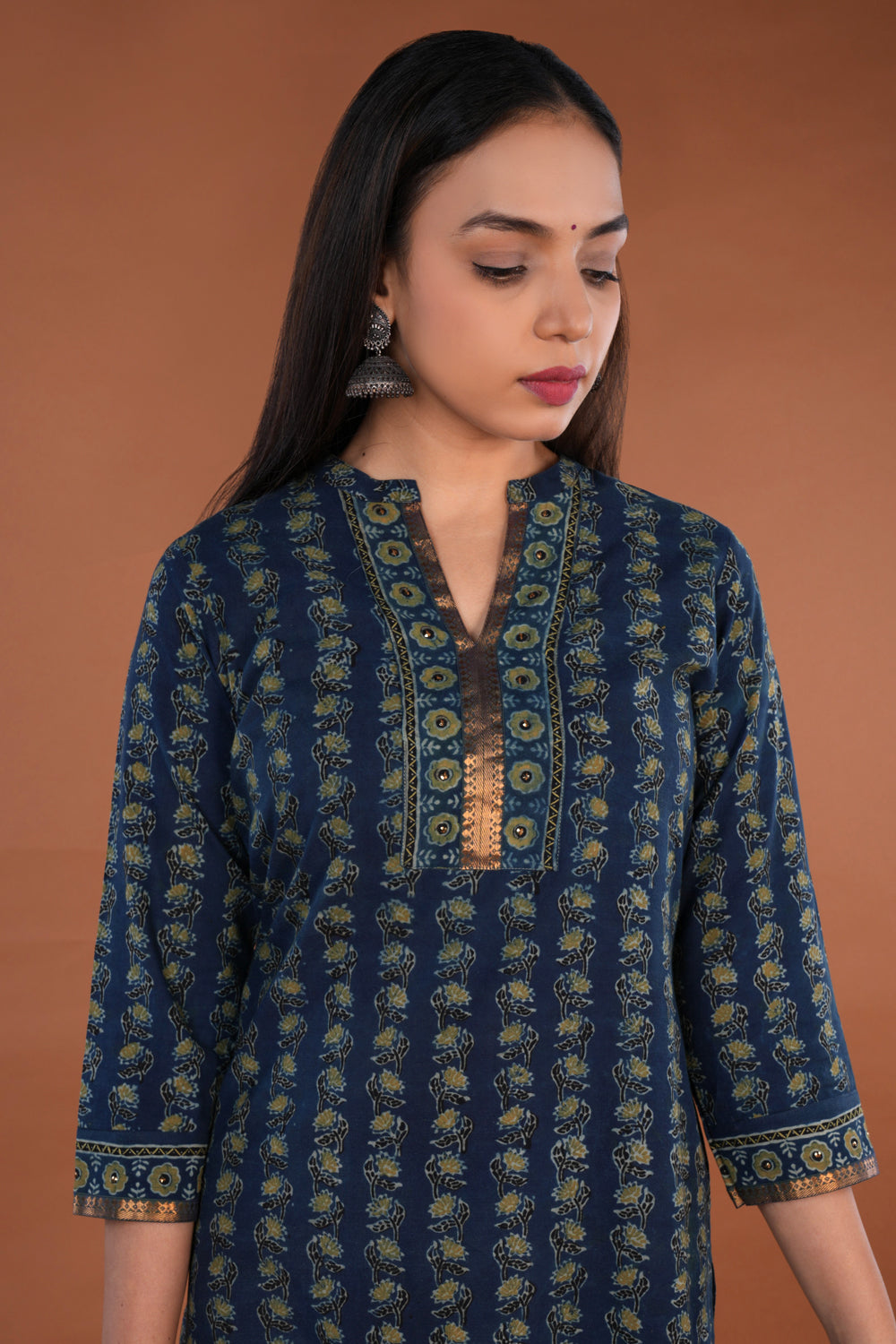 Image of Deep Indigo blue Ajrak handblock printed Kurta