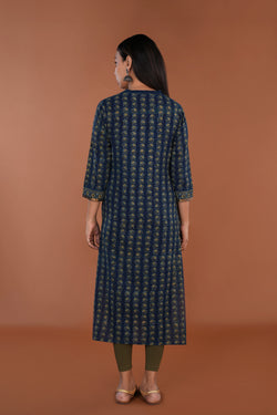 Image of Deep Indigo blue Ajrak handblock printed Kurta