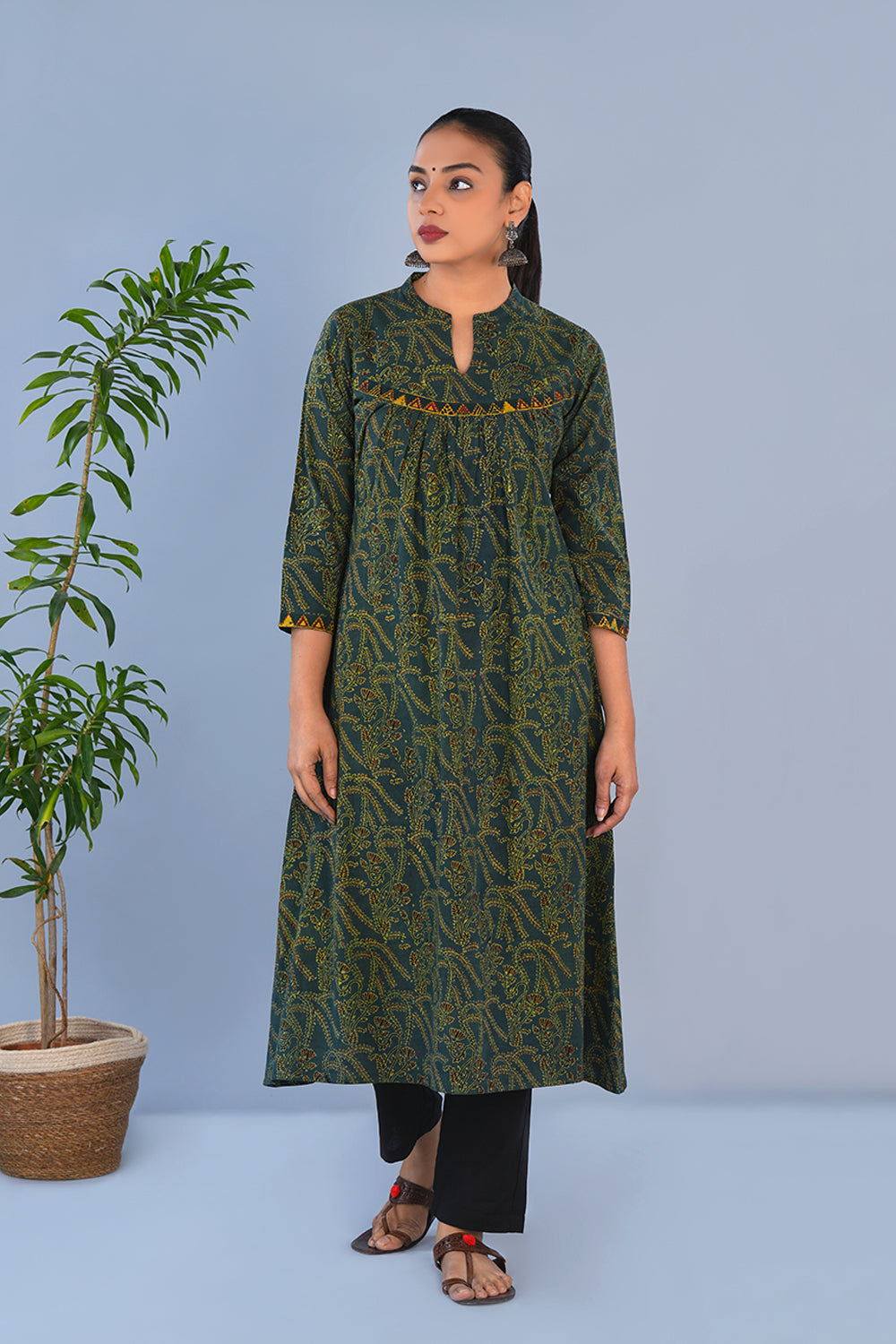 Image of Green cotton Ajrak Kurta