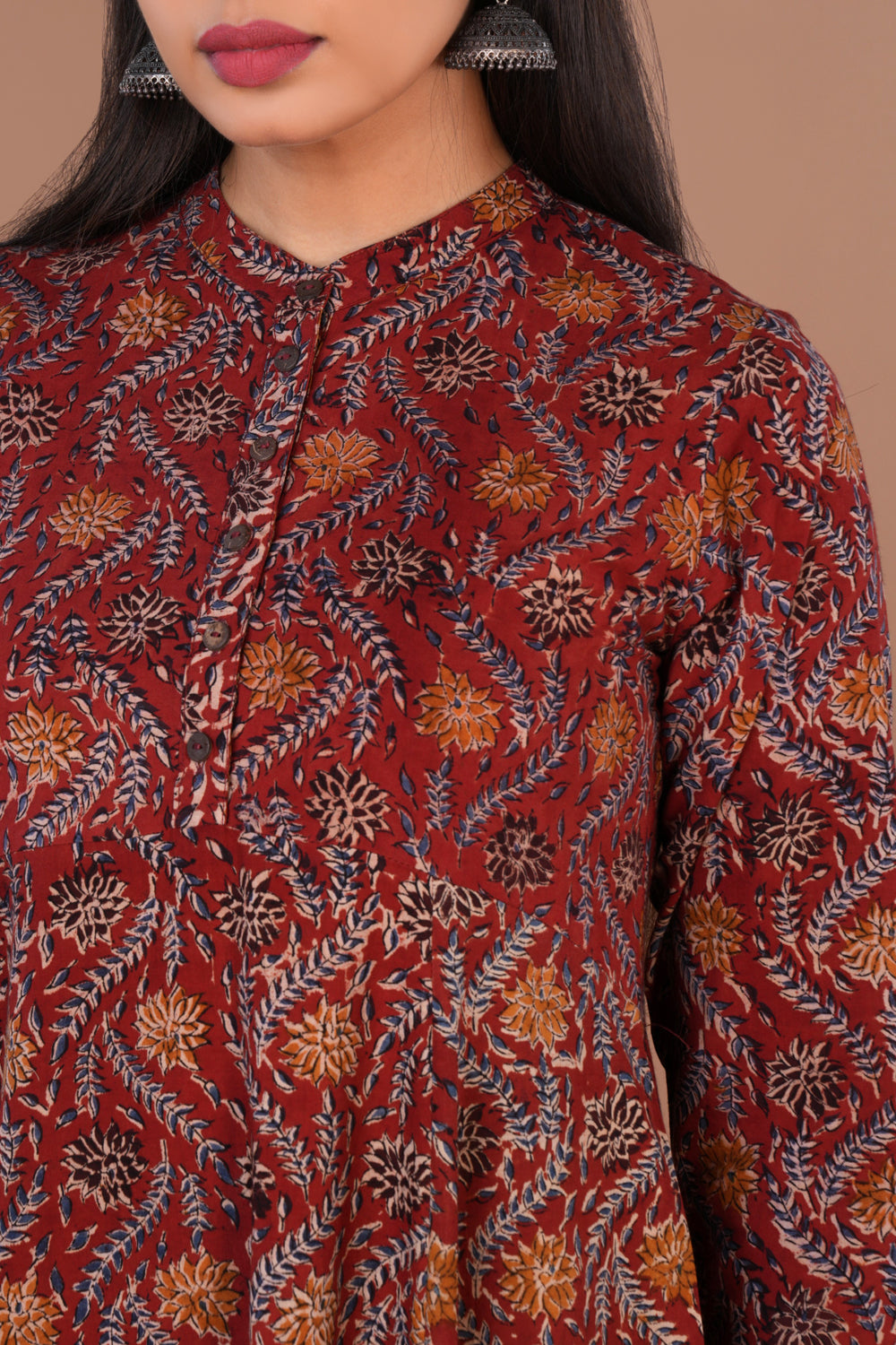 Maroon Kalamkari hand block printed long ethnic cotton long Kurta.