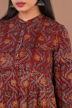 Image of Maroon Kalamkari hand block printed long ethnic cotton long Kurta.