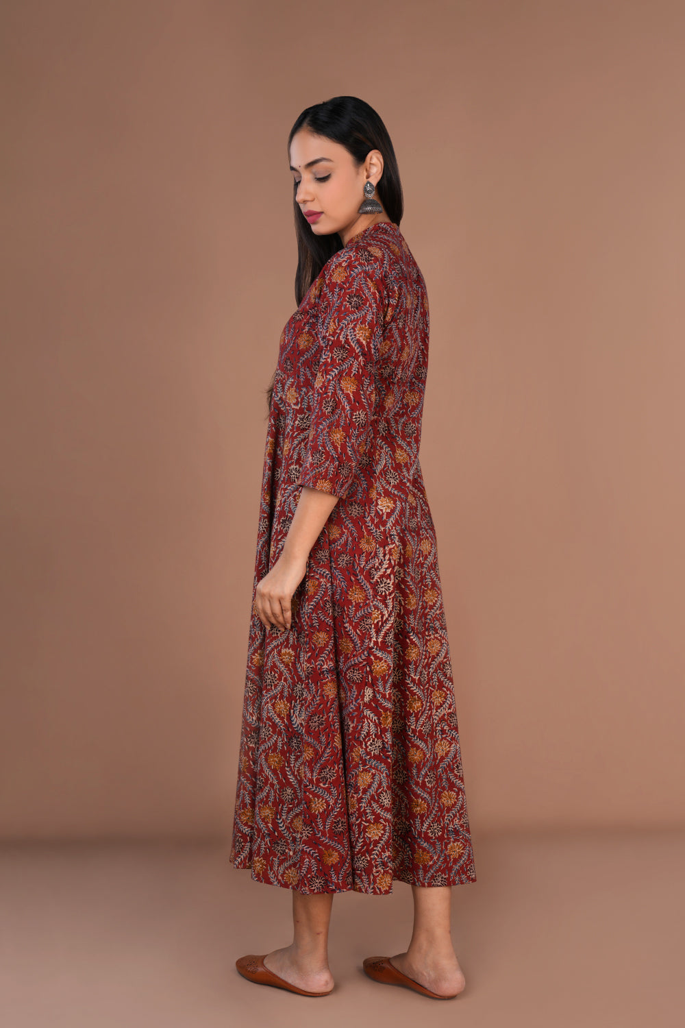 Image of Maroon Kalamkari hand block printed long ethnic cotton long Kurta
