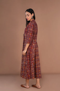 Image of Maroon Kalamkari hand block printed long ethnic cotton long Kurta.