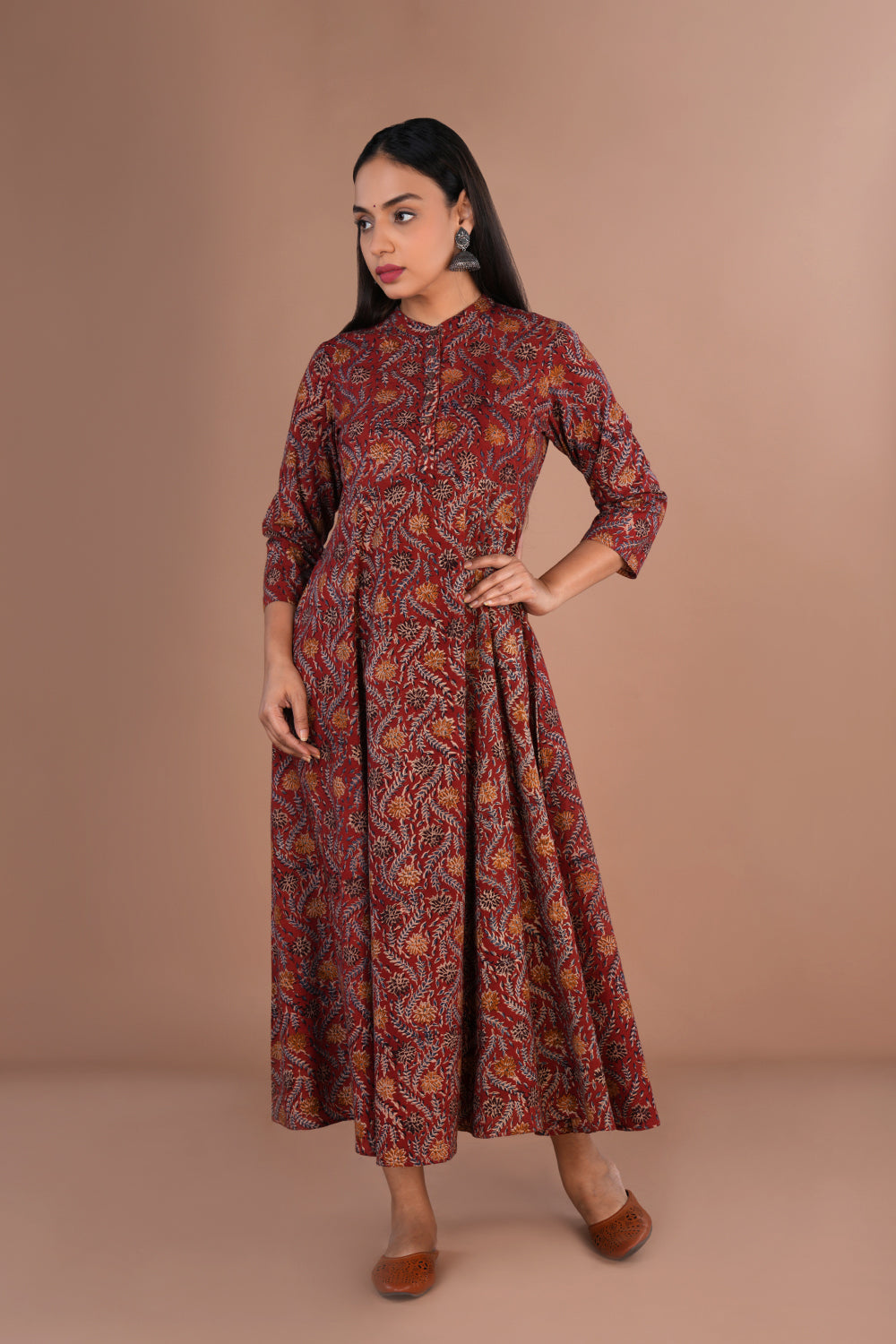 Maroon Kalamkari hand block printed long ethnic cotton long Kurta.