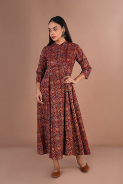 Image of Maroon Kalamkari hand block printed long ethnic cotton long Kurta.