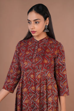 Image of Maroon Kalamkari hand block printed long ethnic cotton long Kurta.