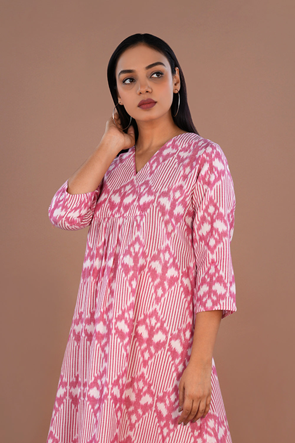 Image of Flamingo Pink Cotton Pochampally Ikat Kurti