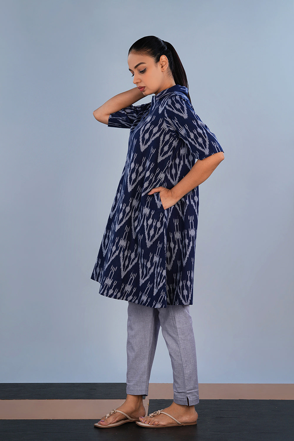 Image of Navy blue geometric Cotton Pochampally Ikat Kurta