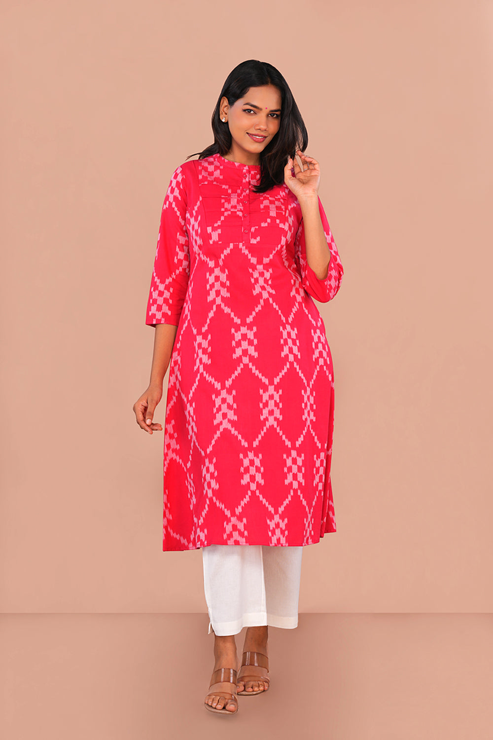 Image of Tomato Red Pochampally Ikat Kurta