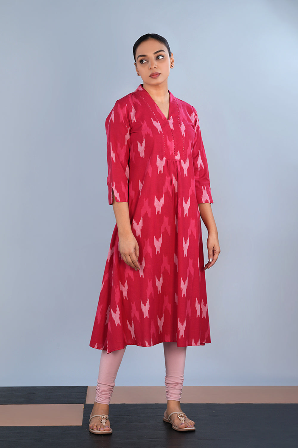Image of Rose Coral red Cotton Pochampally Ikat Kurta