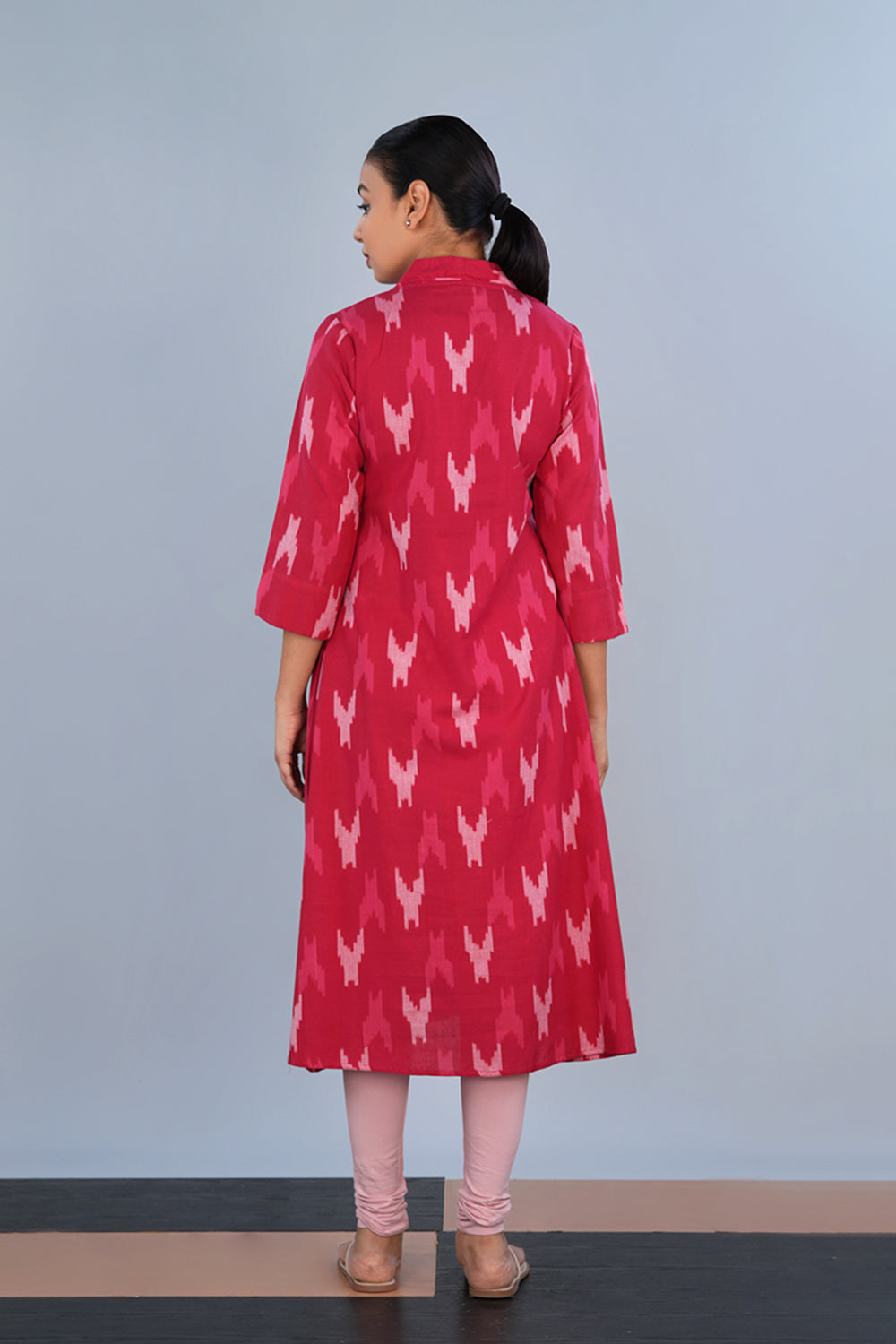 Image of Rose Coral red Cotton Pochampally Ikat Kurta