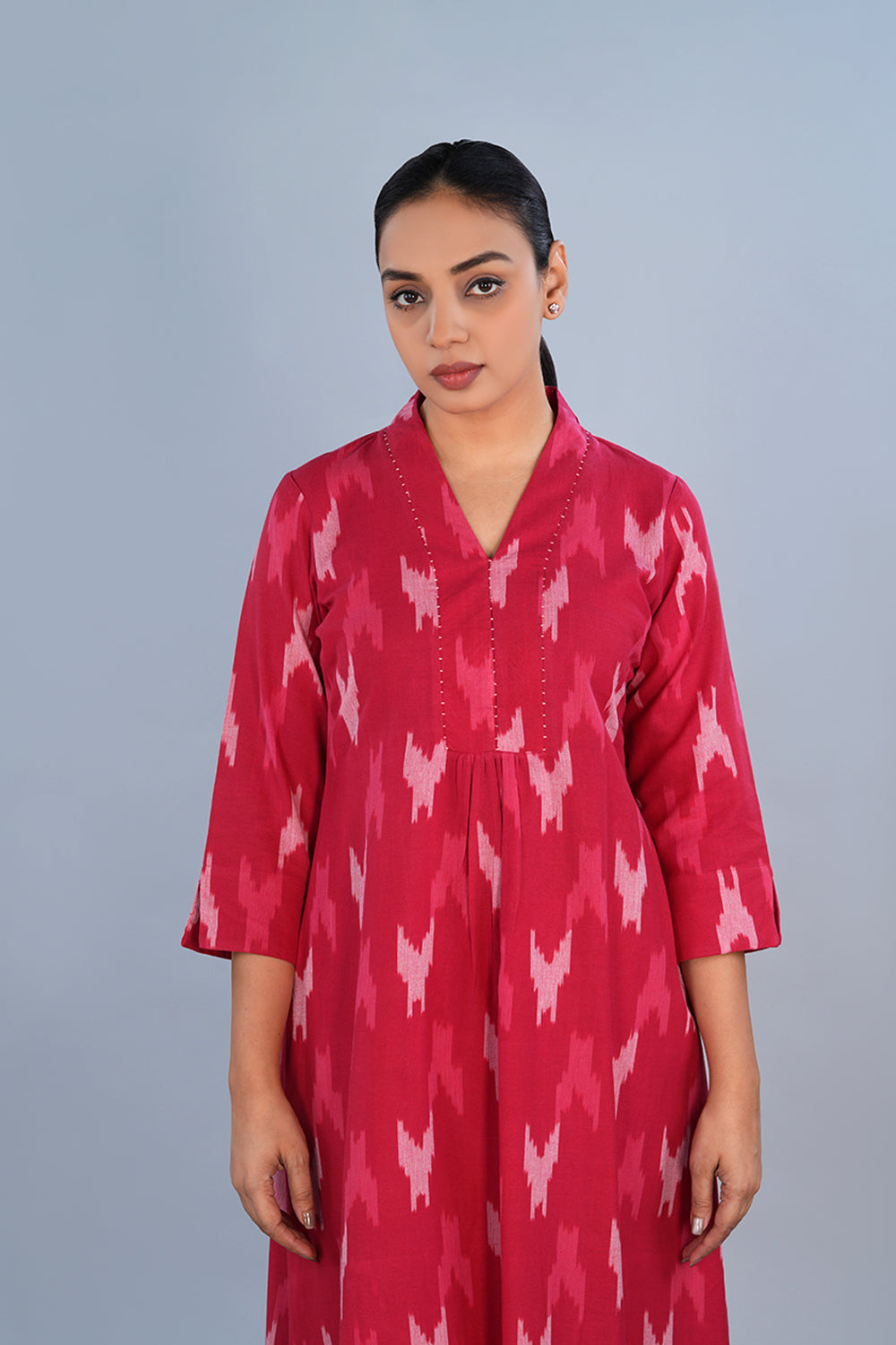 Image of Rose Coral red Cotton Pochampally Ikat Kurta