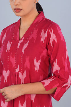 Image of Rose Coral red Cotton Pochampally Ikat Kurta